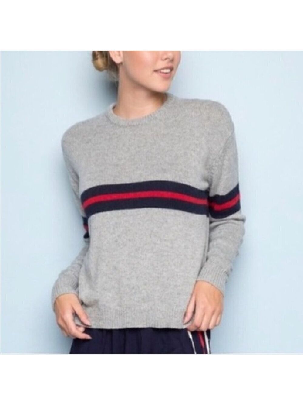 Brandy Melville Wool/Cashmere Blend Grey w/ Blue & Red Stripe Bernadette Sweater